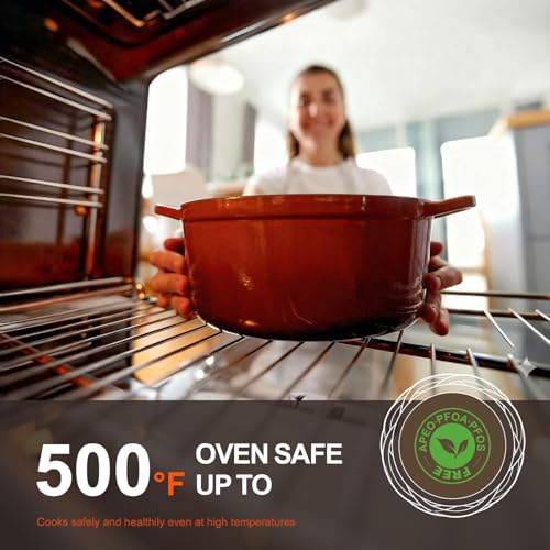 Overmont Enameled Cast Iron Dutch Oven - 5.5QT Pot with Wide Handles Lid Cookbook & Cotton Potholders - Heavy-Duty Pre-Seasoned Cookware Oven Safe to 500°F for Braising, Stews, Roasting, Sourdough Baking