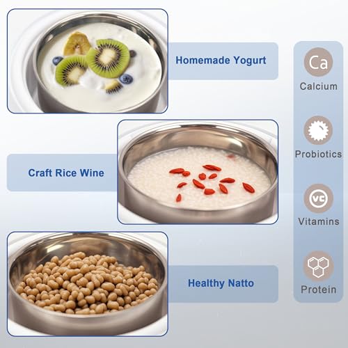 Automatic Yogurt Maker with Adjust Temp(32°C-45°C/90°F-113°F)&Time(1-42h) BPA-free PP Lid,Celsius Increment,Hour Countdown,LED Display,304 Stainless Steel Inner Bowl (1.2 Quart)