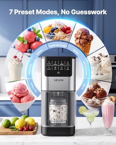 VEVOR Ice Cream Maker, 7-in-1 Frozen Treat Maker for Gelato, Sorbet, Milkshake, Frozen Yogurt & Lite Ice Cream, Homemade Ice-Cream Machine with One-Touch Mix-in + Respin for Smooth, Creamy Texture