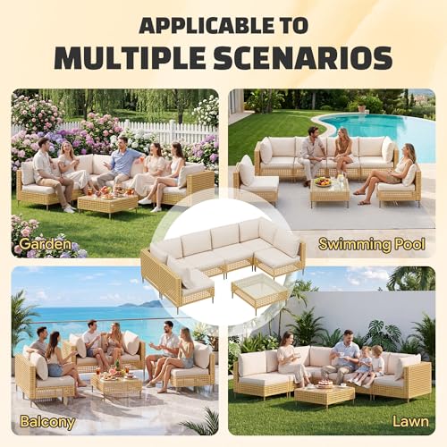 LHBcraft 7-Piece Outdoor Furniture Set, Handmade Rattan Patio Furniture Set, Outdoor Sectional Furniture, Patio Sectional with Fluffy Cushions and Coffee Table, Yellow Beige