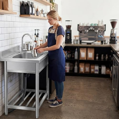 Free Standing Stainless-Steel Single Bowl Commercial Restaurant Kitchen Sink Set w/Faucet, Prep & Utility Washing Hand Basin w/Storage Shelve, laundry tub for Indoor Outdoor (22in)