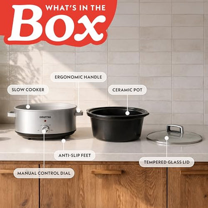 Gourmia Slow Cooker - 7 Quart Removable Ceramic Pot, Manual Controls with 3 Temperature Settings, Dishwasher Safe Crock and Glass Lid, Stainless Steel