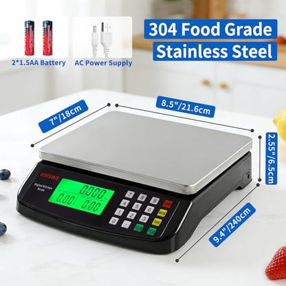 KNSWE Large Kitchen Scale Black 40KG/88LB Commercial Food Scales Digital Weight for Cooking Meat Baking Bread Price Computing 304 Stainless Steel with Parts Counting Deli Stores Tare Function