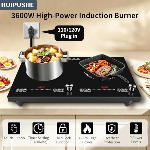 HUIPUSHE 2 burner induction cooktop,110V3600W 24 inch induction hot plate,induction stove top with LED touch and Knob Control, with 9 Power Levels, Kids Lock & 4H,24 Inch double induction cooktop