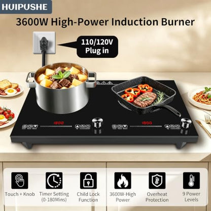 HUIPUSHE 2 burner induction cooktop,110V3600W 24 inch induction hot plate,induction stove top with LED touch and Knob Control, with 9 Power Levels, Kids Lock & 4H,24 Inch double induction cooktop