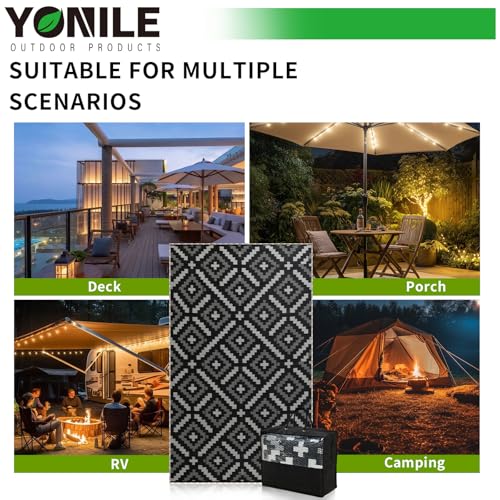 YONILE 8x10 ft Outdoor Rug Waterproof for Patio with LED Light,Large Outdoor Plastic Straw Rug,Reversible Plastic Area Rugs Mat Outside Carpet for RV, Deck, Porch, Picnic, Beach, Balcony