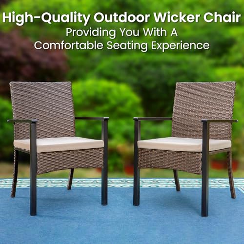 PHI VILLA 5 Pieces Outdoor Dining Set with Umbrella for 4, 37" Square Metal Dining Table & 4 Cushioned Wicker Rattan Chairs with 10ft Beige Umbrella for Patio, Deck, Yard, Porch
