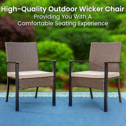 PHI VILLA 5 Pieces Outdoor Dining Set with Umbrella for 4, 37" Square Metal Dining Table & 4 Cushioned Wicker Rattan Chairs with 10ft Beige Umbrella for Patio, Deck, Yard, Porch
