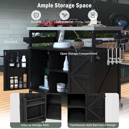 IchbinGo 43.3” Outdoor Kitchen Island with Stainless Steel Top, Solid Fir Wood Workstation with Storage Shelves Heavy Duty BBQ Grill Prep Table & Bar Cart (Black)