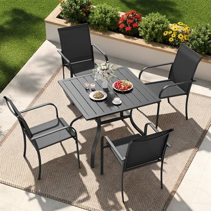 Incbruce 5 Pieces Patio Dining Set, Outdoor Dining Set of 4 Textilene Chairs and Square Table with Umbrella Hole for Backyard, Garden, and Poolside (Black)