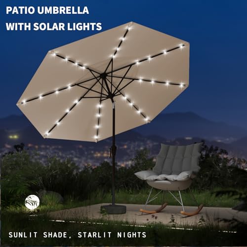 Tobeos 9FT Patio Umbrella with Solar Lights,Outdoor Market Umbrella with Tilt and Crank, LED Lighted Table Umbrella for Garden,Deck,Backyard,Pool,Beach (Beige)