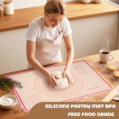 Hadnves Silicone Baking Mat 23.6" × 15.7" Extra Large Pastry Dough Mat with Measurements For Rolling Dough Bread Pizza Pie Crust Fondant Making Oven Liner Kitchen Counter Non-Slip Non Stick Reusable