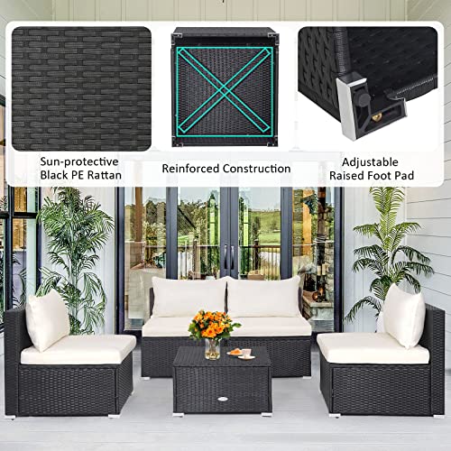 Tangkula 5-Piece Outdoor Patio Furniture Set, Patiojoy PE Wicker Conversation Set with Cushions and Coffee Table, Patio Sectional Sofa Furniture Set for Garden, Poolside, Backyard (Off White)
