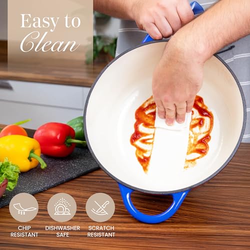 Cast Iron Pot with Lid-Non-Stick Ovenproof Enamelled Casserole Pot, Oven Safe up to 500° F-Sturdy Dutch Oven Cookware - Dark Blue, 5-Quart, 24cm by- Nuovva