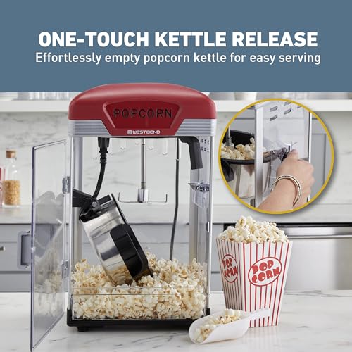 West Bend Stir Crazy Movie Theater Popcorn Popper, Popcorn Maker Machine with Nonstick Popcorn Kettle, Measuring Tool and Popcorn Scoop for Popcorn Machine, 4 Qt., Red