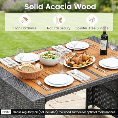 Tangkula 5 Piece Wicker Outdoor Bar Set, Patiojoy Acacia Wood Patio Table and Chairs Set with Bar Height Table & 4 Rattan Bar Stool, Backrest and Footrest for Pool Backyard Deck