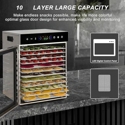 10 Trays Silent Food Dryer, 800W Freeze-Dried Candy Machine, Temperature Adjustable Of 30-90 ° C, Timer From 0-24 Hours, Large Capacity Food Processor For Vegetables/