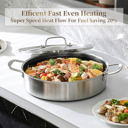 DELARLO 8 Quart Tri-Ply Stainless Steel Non Stick Braiser Pan with Lid, 13 Inch Deep Frying Pan, Large Saute Pan, Jumbo Cooker, Induction Compatible, Heavy Duty and Oven Safe