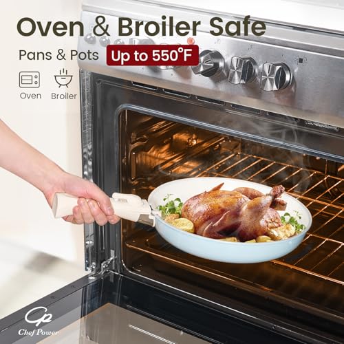 Chef Power Ceramic Nonstick Pots and Pans Set 19 Piece with Detachable Handle, Induction Dishwasher Oven Safe Cookware Set, RV Kitchen Set Removable Handle (Light Blue)