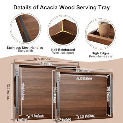 Set of 2 Acacia Wooden Ottoman Tray for Living Room, Wood Serving Tray with Handles, Decorative Coffee Table Trays for Ottoman, Large Serving Platter for Dinner, Breakfast in Bed, Kitchen Counter Top