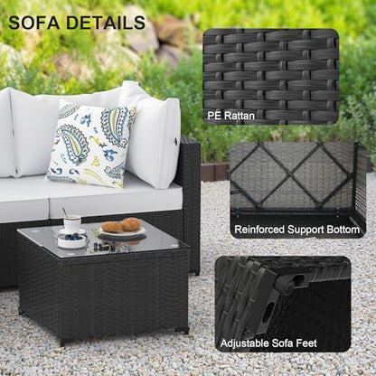 Patio Furniture Set, 5PCS Outdoor Sectional with Ottoman Wicker Rattan Patio Couch with Thickened Cushion Modular Wicker Patio Conversation Set with Glass Top Table for Balcony, Backyard (White)