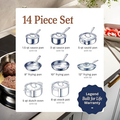 LEGEND COOKWARE 5-Ply Stainless Steel Cookware Set, 14-Piece Pots and Pans Set - Induction Compatible, Oven Safe 800°F - Non-Toxic, No Coatings - Built to Last Generations