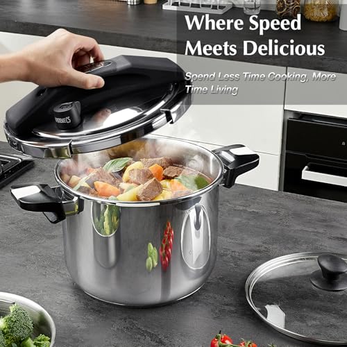KOCH SYSTEME CS Stainless Steel Pressure Cooker 8.5 Quart, 3-in-1 Olla de Presion, One-Hand Locking, 3 PSI Settings Stovetop Pressure Cookers, induction Pressure Cooker, Glass Lid & Steamer, 8.5QT