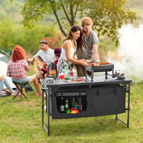 VEVOR Camping Kitchen Table, Folding Outdoor Cooking Table, 3 Adjustable Heights, Aluminum Lightweight Portable Cook Station with Storage Organizer, Carry Handle, for BBQ Party Picnic RV Travel, Black
