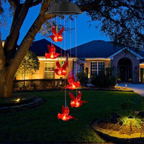 Cardinal Solar Wind Chimes for Outside, Cardinal Solar Hanging Lights Outdoor Wind Chime for Garden Patio Decor, Unique Gifts for Mother Mom Grandma Women Birthday