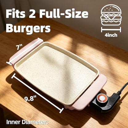 I-Keukenn Small Electric Griddle, 10 Inch Mini Ceramic Non-Stick Electric Skillet with Adjustable Thermostat, 1200W Single Serve Grill for Breakfast, Cooking for Pancakes, Eggs, Sausage, Pink