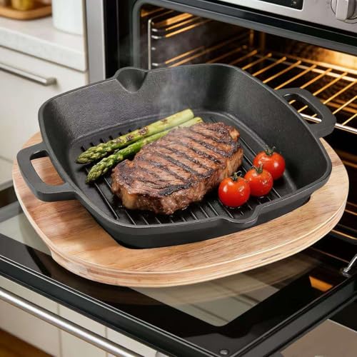 KitchenLife Co 8.5" Personal Sized Pre-Seasoned Cast Iron Grill Pan with Heat-Resistant Oak Wood Base, Square Stovetop Pan with Dual Handles & Pour Spouts, Oven & BBQ Ready, Lasts Decades