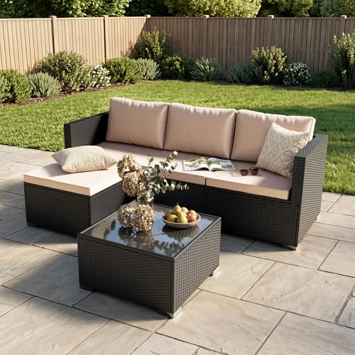 LAWNOOK Patio Furniture Set - All-Weather -5 Piece Outdoor Patio Conversation Couch Sets, Modular Wicker Rattan Sectional Sofa for Garden, Patio, Poolside, Backyard, Balcony, Porch,Khaki