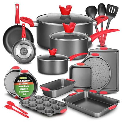 NutriChef 21-Piece Nonstick Cookware Set - PTFE/PFOA/PFOS Free Heat Resistant Lacquer Kitchen Ware Pots Pan w/ Cool-Touch Handles, Saucepan, Fry Pans, Lid, Bakeware, For Gas Electric Ceramic Cooktops