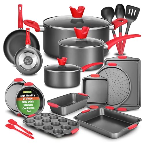 NutriChef 21-Piece Nonstick Cookware Set - PTFE/PFOA/PFOS Free Heat Resistant Lacquer Kitchen Ware Pots Pan w/ Cool-Touch Handles, Saucepan, Fry Pans, Lid, Bakeware, For Gas Electric Ceramic Cooktops