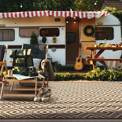Pafolo Outdoor Rug Waterproof, 8'x10' Reversible Patio Rug with Lights, 4 Rug Stakes, Non Shedding, Easy Cleaning, Foldable Outside Mat for RV, Camping, Porch, Deck, Beach, Patio, Picnic, Brown&White