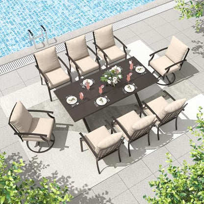 ALAULM 9-Piece Patio Dining Table and Chairs for 8 Outdoor Dining Set with 2 Swivel Chairs Patio Dining Sets with Rectangular Metal Table with Umbrella Hole for Patio, Backyard, Garden-Sand