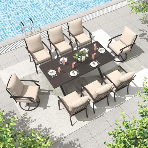 ALAULM 9-Piece Patio Dining Table and Chairs for 8 Outdoor Dining Set with 2 Swivel Chairs Patio Dining Sets with Rectangular Metal Table with Umbrella Hole for Patio, Backyard, Garden-Sand