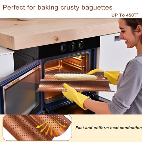 Logario Baguette Pan Set of 2 with Proofing Cloth, Nonstick 2-Slot French Bread Baking Pan for Homemade Baguette, Carbon Steel Vintage Bronze Tray, Bakeware for Artisan Homemade Bread