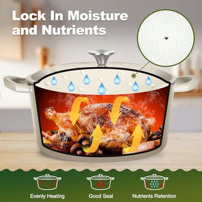 P&P CHEF 6QT Enameled Dutch Oven, Cast Iron Dutch Oven Pot with Lid for Bread Baking, Enameled Casserole Pot for Roasting Braising Stewing Frying Simmering, Various Stoves & Easy Clean, Khaki