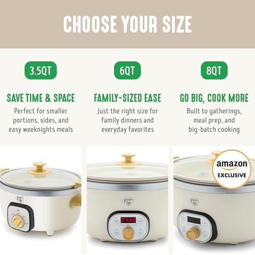 GreenLife 3.5QT Slow Cooker, PFAS-Free Non-Toxic Ceramic Nonstick Removable Interior Bowl, Programmable, Keep Warm, Stovetop & Oven Safe Pot, Dishwasher Safe Crock & Glass Lid, Cream