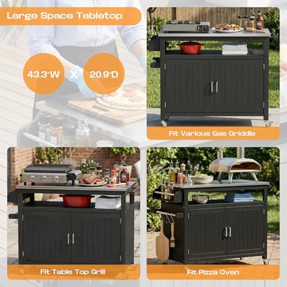 FUQARHY 43.3-Inch Outdoor Kitchen Island with Storage Cabinet and Stainless Steel Top, Solid Wood Prep Station Grill Table with Lockable Wheels for Patio, Backyard, Party (Black)
