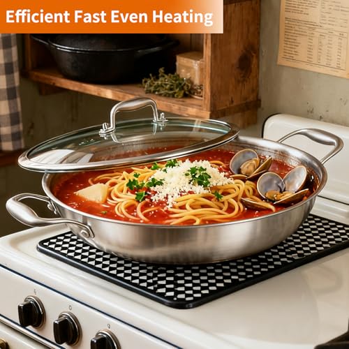 DELARLO Tri-Ply Stainless Steel Wok 13in Nonstick Deep Wok Pan with Lid,Stir-Fry Pans,5.5QT Cooking Pot induction Large woks,Compatible with All Cooktops Up to 550°F(Double Handle)