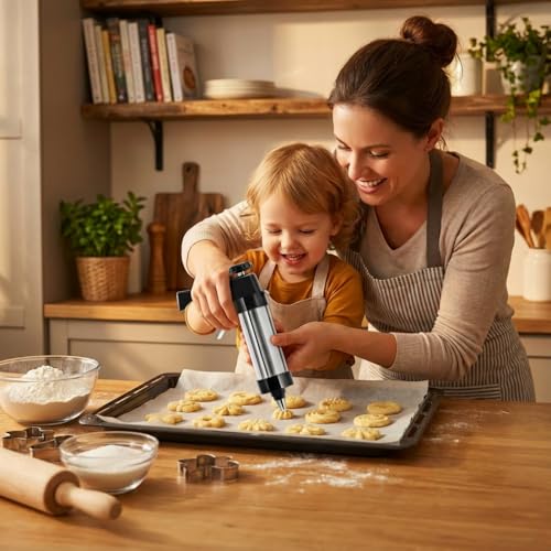 Stainless Steel Cookie Press Gun Kit with 13 Cookie Discs & 8 Piping Tips, Includes Storage Bag for DIY Holiday & Everyday Baking,Essential Baking Supplies