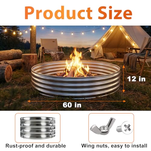 Fire Pit Ring for Outside Wood Burning, 60in Outdoor Fire Pit, Heavy Duty Steel Burn Pit for Backyard, Camping, Bonfire, Modern Style Large Metal Fire Pit Ring