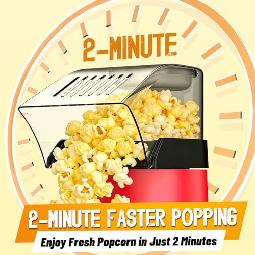 Hot Air Popcorn Popper, 1200W ETL Certified Oil-Free Popcorn Maker, 4.5 Quart Large Capacity Electric Popcorn Machine, 2-Minute Fast Snack Maker for Movie Night Party (Red)