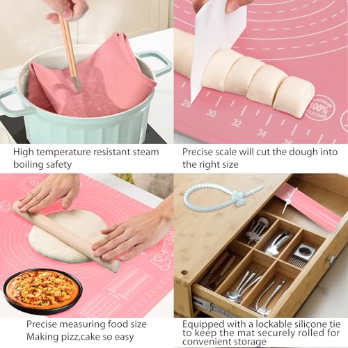 Silicone Pastry Mat 28" x 20" Extra Thick Non Stick Baking Mat with Measurements and Edge Heightening, Food Grade Silicone Rolling Mat for Pastry, Bread, Cookies, Pizza, Fondant, Pasta - Pink