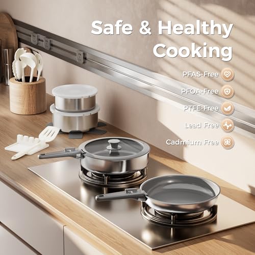 Sanho 21-Piece Pots and Pans Set, Healthy Ceramic Nonstick Cookware with Detachable Handles, Induction RV Kitchen Set, Dishwasher & Oven Safe, Gray