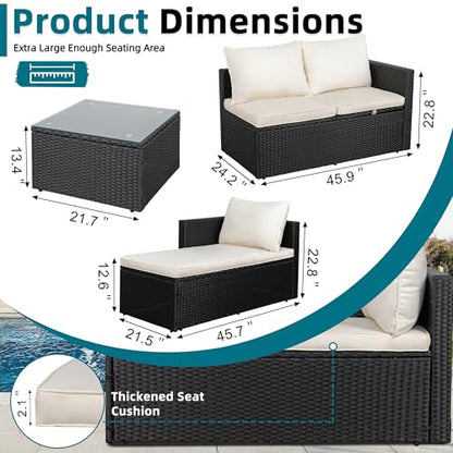SUNLEI Patio Furniture Set with Detachable Soft Cushions, Outdoor PE Rattan Patio Conversation Sofa Set, 3-Piece Patio Sectional Sofa with Glass Coffee Table (Black Rattan&White)
