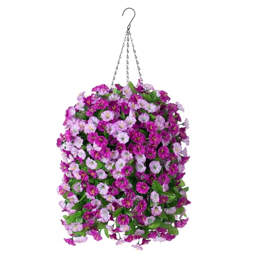 INXUGAO Artificial Flowers with Hanging Basket, Outdoor Faux Plants Silk Morning Glory Vines, Fake Green Arrangement for Garden Patio Spring Summer Decor(4pcs,Darkorchid)