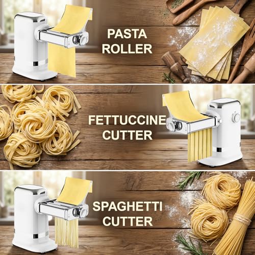 GVODE Electric Pasta Maker - 3-in-1 All Metal Pasta Sheet Roller & Cutter Set 700W Max Motor, includes Fettuccine & Spaghetti Maker with Cleaning Brush and Roller Guider, Stainless Steel Silver